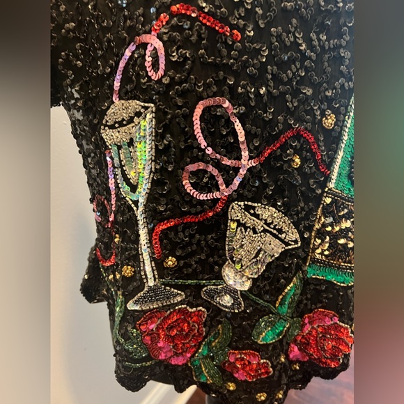 Vintage Laurence Kazar Sequined Silk Top New Year Champagne Roses Blouse EUC - Picture 3 of 10